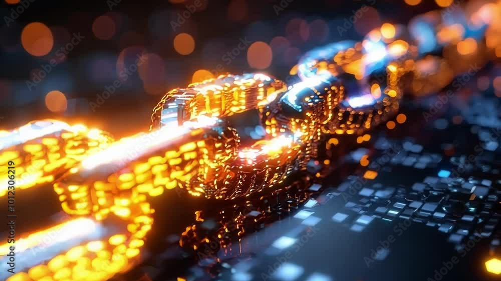 Aufkleber chain made of digital nodes is glowing on a dark background with bokeh effects. this illustration is