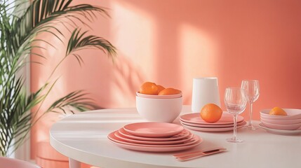 Fototapeta premium In Scandinavian kitchen design, tableware embraces the PANTONE Color of the Year 2019: Living Coral. This vibrant hue brings warmth and energy to the minimalistic Scandinavian aesthetic