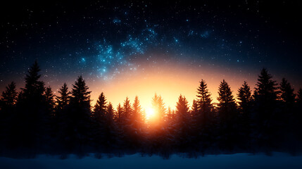 Fototapeta premium Majestic sunset over a forest with starry sky in the background