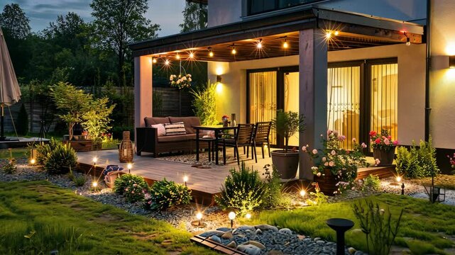 A backyard patio is lit up at night with string lights and spotlights