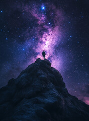 Fototapeta premium A man stands on the top of an isolated mountain peak, gazing at the vast expanse under a starry sky. 