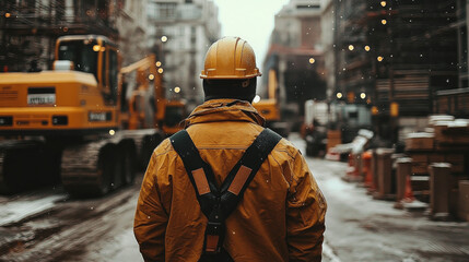 A construction worker walks through a snowy city street, heading towards a construction site.