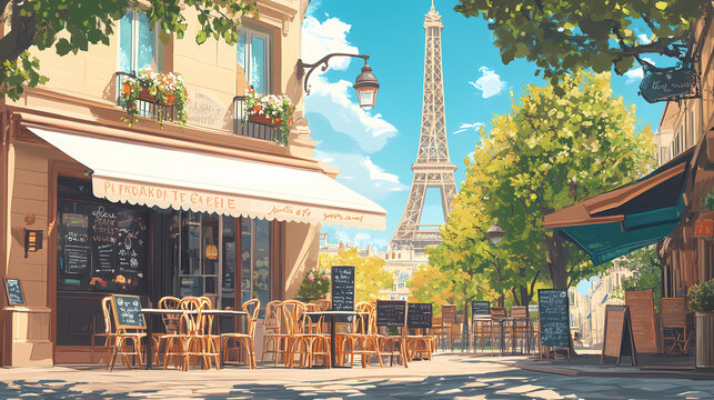 Parisian cafe vibes with a mix of wooden and white chairs, a white awning, and a tall tower in the background. Parisian Caf. Illustration