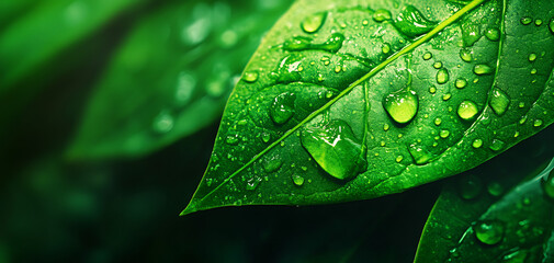 Fototapeta premium Close-up of fresh green leaves with water droplets on a natural background.