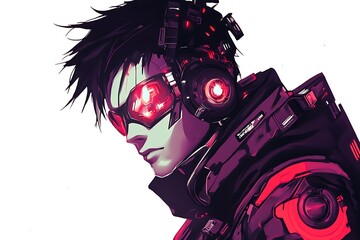 Cyberpunk style digital art illustration of a futuristic man with red glowing eyes and cybernetic implants