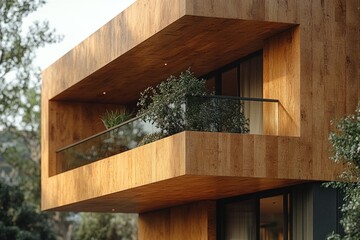 Modern wooden house with a balcony and glass railing.