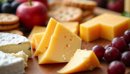 Cheese platter with different types of cheese, fruits, and crackers on wooden board