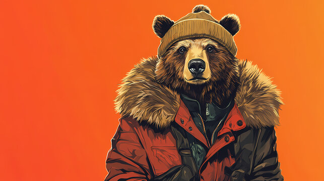 Minimalistic siberian bear in iconic russian ushanka and fur coat. Siberian Tundra. Illustration