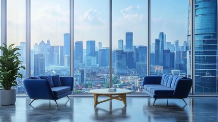 Modern living room with a stunning view of the city skyline from the office building. 