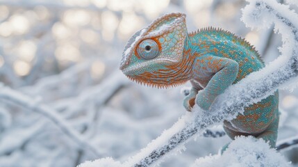 Obraz premium A Vibrant Chameleon Perched on a Snowy Branch