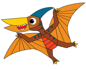 cartoon scene with happy prehistoric animal pteranodon dino dinosaur flying bird smiling and walking isolated on white background illustration for children © honeyflavour