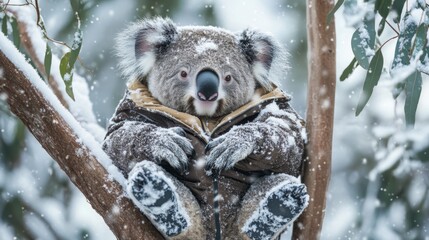 Obraz premium Koala Wearing a Brown Jacket in a Snowy Forest