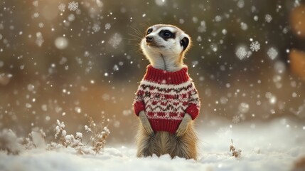 A Meerkat Wearing a Red and White Knit Sweater in the Snow
