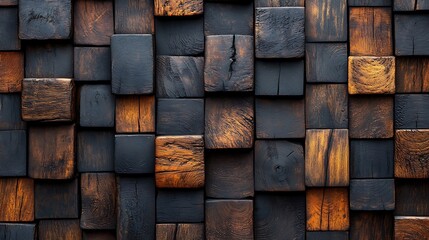 Close-up of a wall made of various sized and colored wooden blocks.