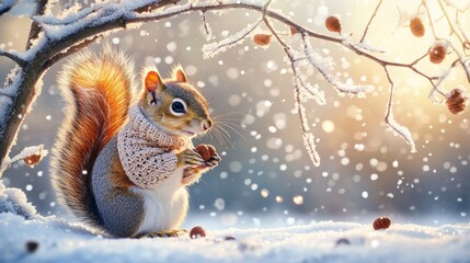 A Cute Squirrel Wearing a Knitted Scarf in a Snowy Forest