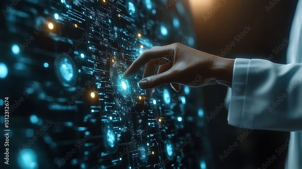 Aufkleber a hand interacts with a futuristic digital interface, highlighting a glowing data point.