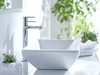 Fototapeta premium Purity and Light: Bright White Bathroom with Clean Square Sink
