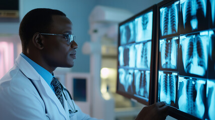 A doctor is looking at a computer monitor displaying a series of X-rays