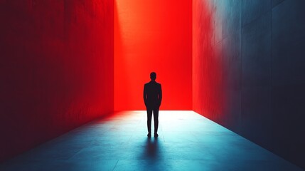 A man stands in a red and blue room