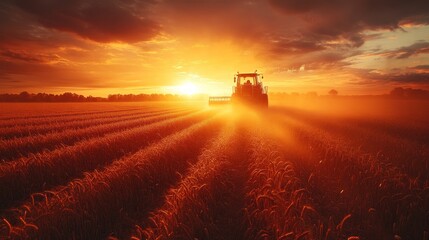 Fototapeta premium A tractor working in a field at sunset. The sun is shining through the dust kicked up by the tractor, creating a dramatic effect.