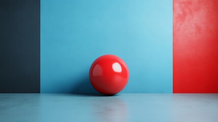 A red ball is sitting on a grey floor in front of a blue wall