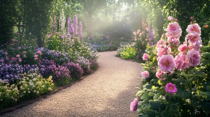Fototapeta premium Sunlit Garden Path Lined with Colorful Flowers
