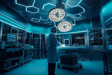 A doctor is standing in a hospital room with a surgical table in front of him