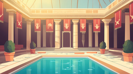 Roman bathhouses with festival banners, ancient relaxation spot repurposed, flat design illustration. Roman Bathhouse. Illustration