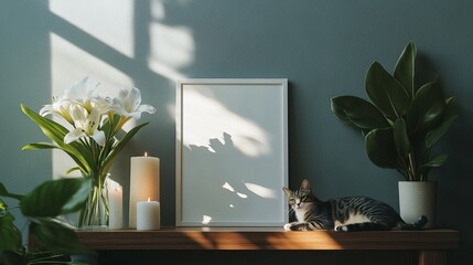 Fototapeta premium Zen-like minimalist interior with a white poster frame, candles, lilies in a vase, and a relaxed cat on a wooden console bathed in sunlight, casting shadows of houseplants on the gray wall. 