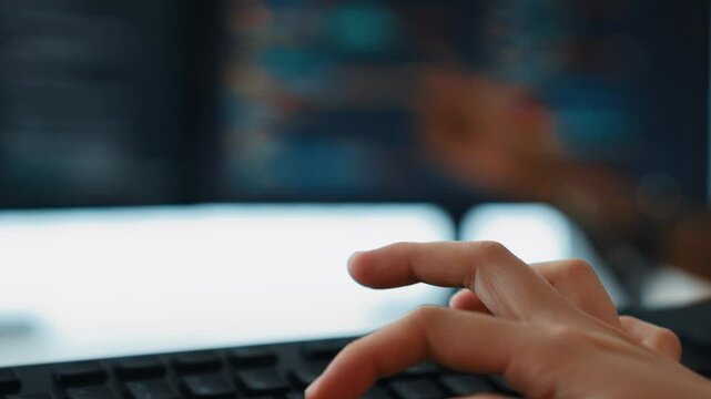 Slow motion closeup hand, back end software developer engineer for computer programming working together on debugging writing computing code, solving complex algorithms display on monitor. Burgeoning