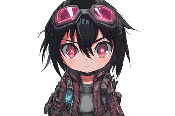 Anime girl with pink goggles, red eyes, and short black hair. Illustration with white background.