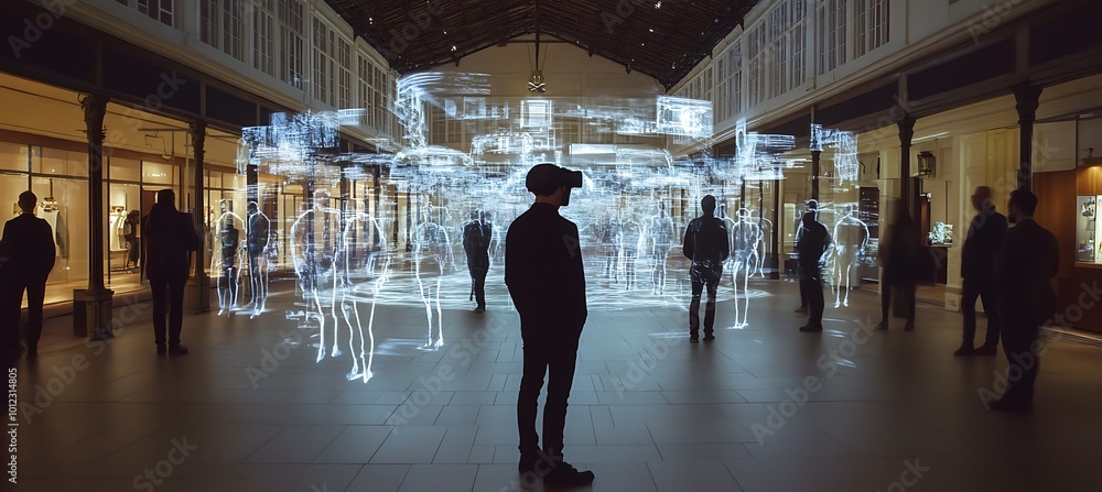 Poster a holographic virtual reality game projected in an open space