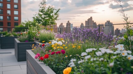 Urban Rooftop Garden with Blooming Flowers and City Skyline in the Background