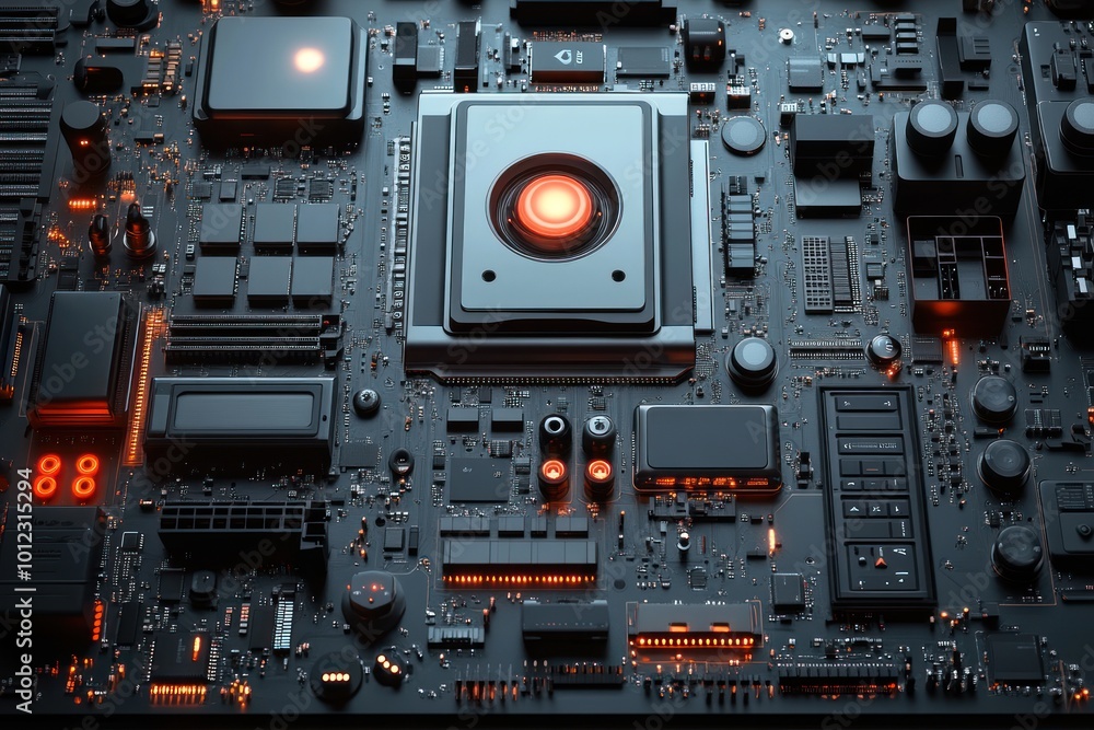 Wall mural a close-up shot of a computer motherboard with a glowing red cpu in the center.