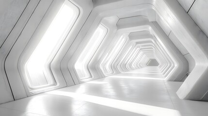Fototapeta premium Futuristic white hallway with light coming from windows.