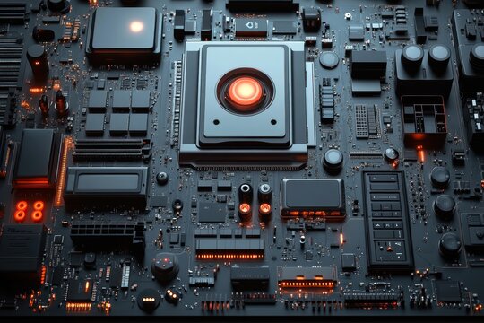 A close-up shot of a computer motherboard with a glowing red CPU in the center.