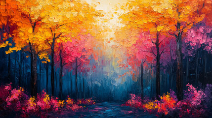 A vibrant oil painting of a forest with bright yellow and pink trees.