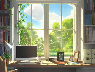 Fototapeta premium Compact Efficiency: Small Office with Desk, Computer, and Bookshelf