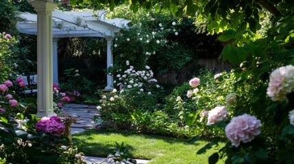 White Garden Pergola with Pink and White Flowers