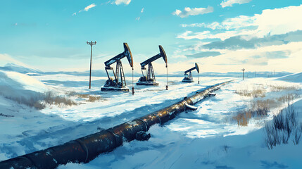 Pipelines stretch across siberian tundra as oil pumps extract black gold from the frozen earth, symbolizing russia's rich oil production and vast energy reserves. Siberian Tundra. Illustration
