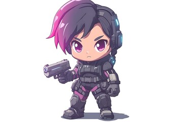 Chibi Anime Girl with Pink Hair Holding a Gun in a Tactical Gear