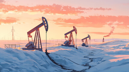 Fototapeta premium Pipelines stretch across siberian tundra as oil pumps extract black gold from the frozen earth, symbolizing russia's rich oil production and vast energy reserves. Siberian Tundra. Illustration