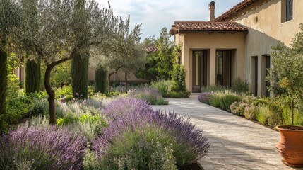 Stone Pathway Leading to a Mediterranean Villa with Lavender and Greenery