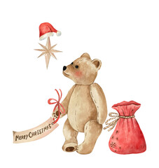 Christmas illustration of the teddy bear with a sack of gifts and Christmas star. Retro style watercolor drawing isolated on transparent background