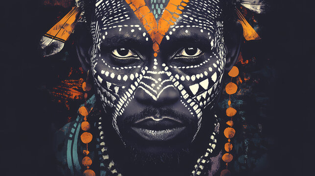 Portrait of african man with traditional face paint and adornments. African Tribal Ceremony. Illustration