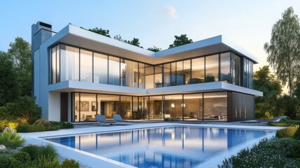 Fototapeta premium Luxury modern home with pool, garden, and sleek architectural design. generative ai