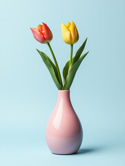 A photograph of tulips in a vase on a light blue background, minimalist in style. 
