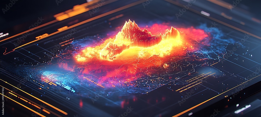 Poster a holographic weather map displaying storms and weather patterns