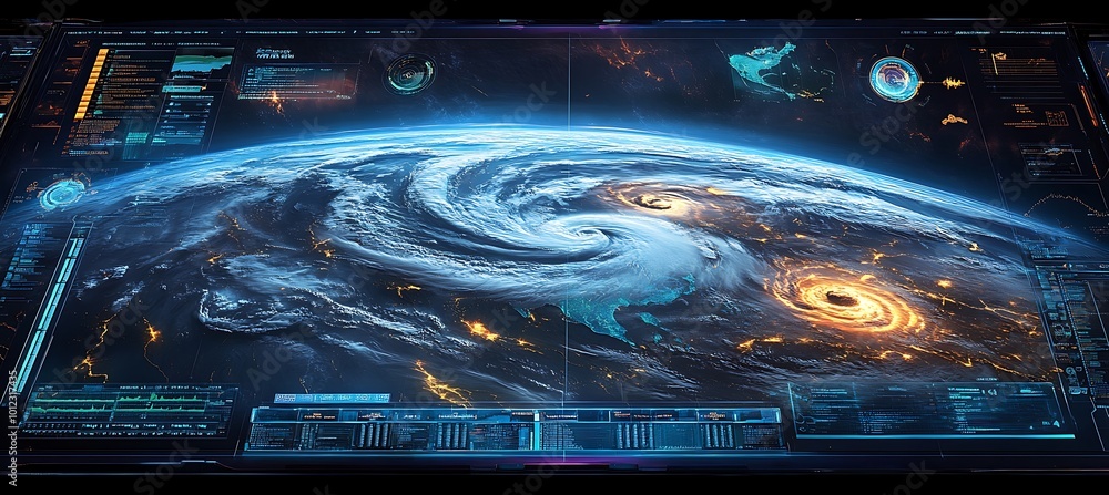 Poster a holographic weather map displaying storms and weather patterns