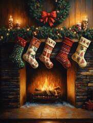 Cozy Festive Fireplace Scene with Decorative Christmas Stockings and Lit Fire, Enhancing Holiday Spirit and Home Decor